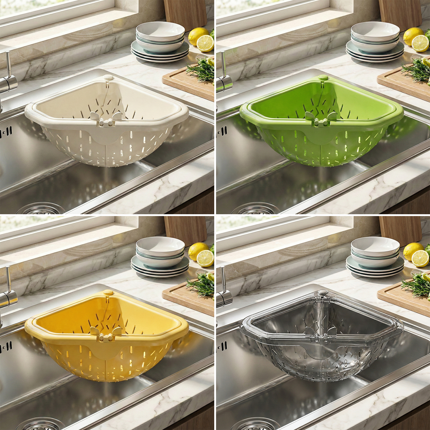 MCOIKY® Magnetic draining triangular kitchen sink filter for storing food scraps, leftovers, and kitchen waste.