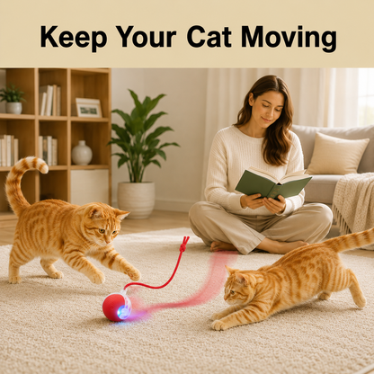 MomoNook Smart Interactive Automatic Electric Rolling Moving Rechargeable Motion Activated Self Play Electronic Stimulation Chase Teaser Ball Toy with Rope for Indoor Bored Adult Cat and Dog