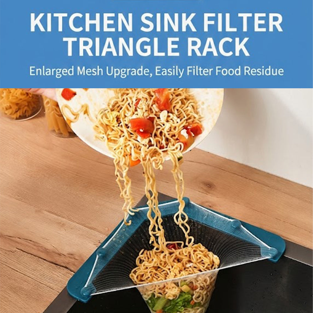 MCOIKY® Triangle Kitchen Sink Strainer Rack with Disposable Mesh Filter Bags – Prevent Clogged Drains, Catch Food Scraps & Keep Sink Clean
