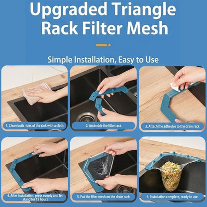 MCOIKY® Triangle Kitchen Sink Strainer Rack with Disposable Mesh Filter Bags – Prevent Clogged Drains, Catch Food Scraps & Keep Sink Clean