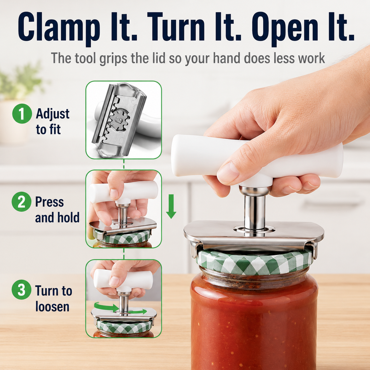 🎁for Seniors with Arthritis, Bottle Opener for Weak Hands, Kitchen Gadget With Lid Opener Tool, Adjustable Grip Stainless Steel for Opening, Fits 1-4 Inch