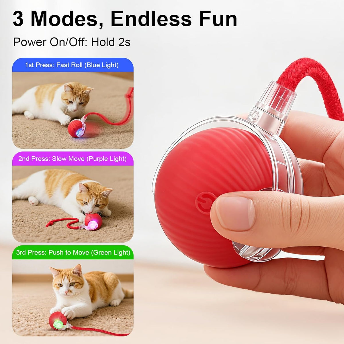 MomoNook Smart Interactive Automatic Electric Rolling Moving Rechargeable Motion Activated Self Play Electronic Stimulation Chase Teaser Ball Toy with Rope for Indoor Bored Adult Cat and Dog