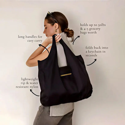 Foldable Stripes Keychain Grocery Bag with Snap Hook - Reusable, Adjustable, Expandable Handbag for Shopping & Travel Home Organizer Storage Bag