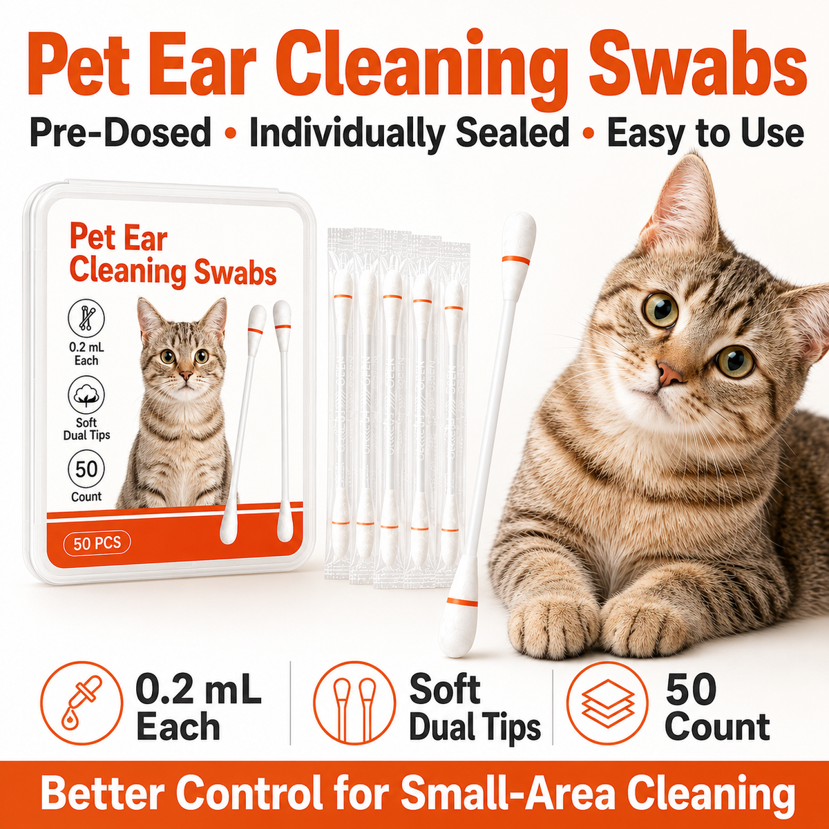 Pet Ear Cleaning Cotton Swabs – Earwax & Odor Remover for Cats & Dogs, Individually Wrapped, Break-to-Release Liquid, Dry/Wet Dual-Use, 100 Pack with Aloe, Witch Hazel & Chamomile Formula #SummerVibes #petlovers
