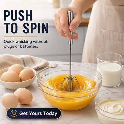 Stainless Steel Hand-Push Rotary Whisk Food-Grade Rust-Resistant Sturdy Riveted Construction Semi-Automatic Design Versatile for Cooking Blending Whisking Beating and Stirring Tasks Easy to Clean