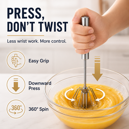 Stainless Steel Hand-Push Rotary Whisk Food-Grade Rust-Resistant Sturdy Riveted Construction Semi-Automatic Design Versatile for Cooking Blending Whisking Beating and Stirring Tasks Easy to Clean