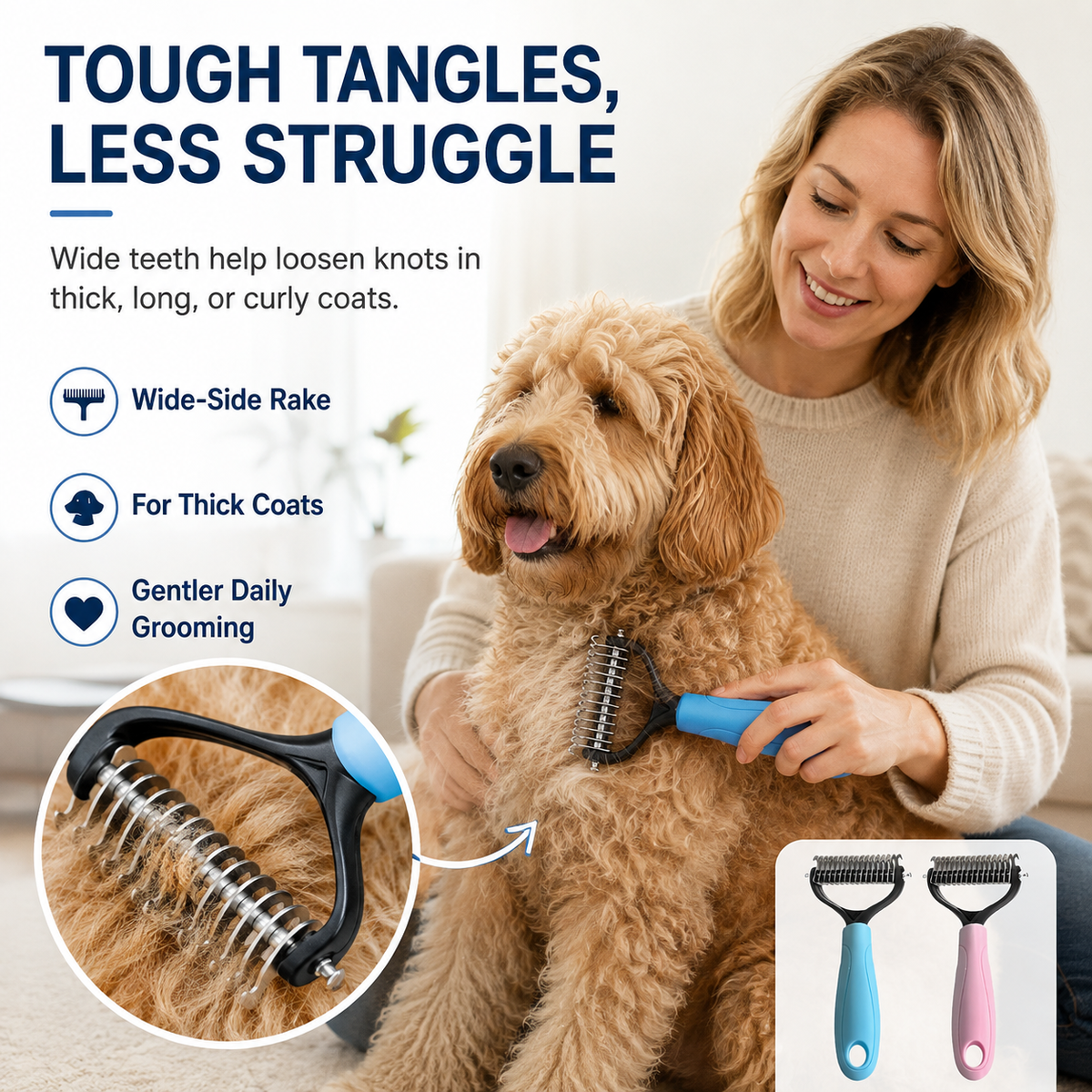 MomoNook Double-Sided Cat & Dog Deshedding Dematting Comb - Undercoat Rake Grooming Tool, Matted Fur Remover for Long-Haired Pets, Pet Grooming Accessories Deshedding Tool