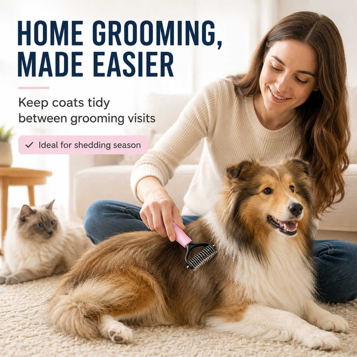 MomoNook Double-Sided Cat & Dog Deshedding Dematting Comb - Undercoat Rake Grooming Tool, Matted Fur Remover for Long-Haired Pets, Pet Grooming Accessories Deshedding Tool